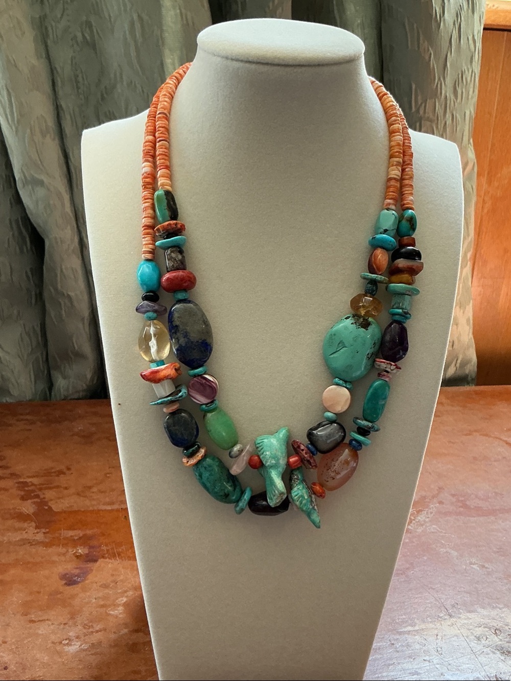 Double-Strand Bird Necklace 38” Semiprecious Stones and Heishi Beads